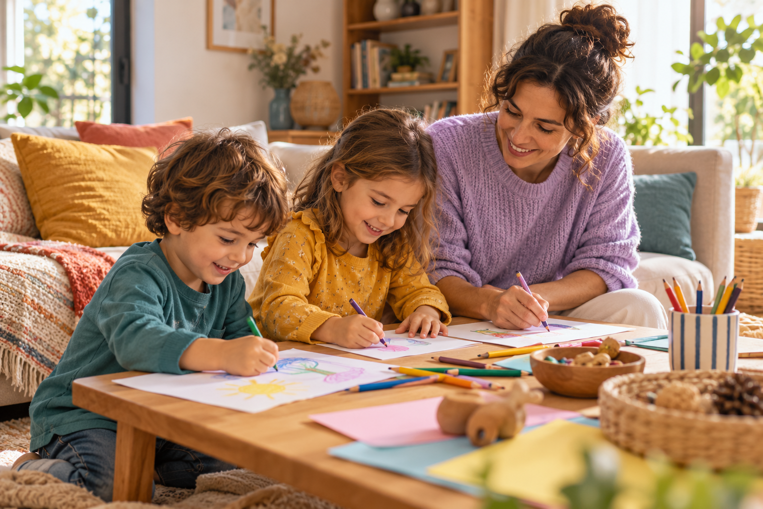Imagen ilustrativa: dos niños dibujan en papel junto a una persona adulta en casa